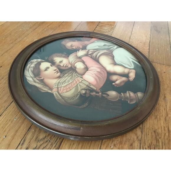Vtg 40's 50's Mary Jesus & Angel Print in Round Wood Frame 12 1/4" - Picture 3 of 5